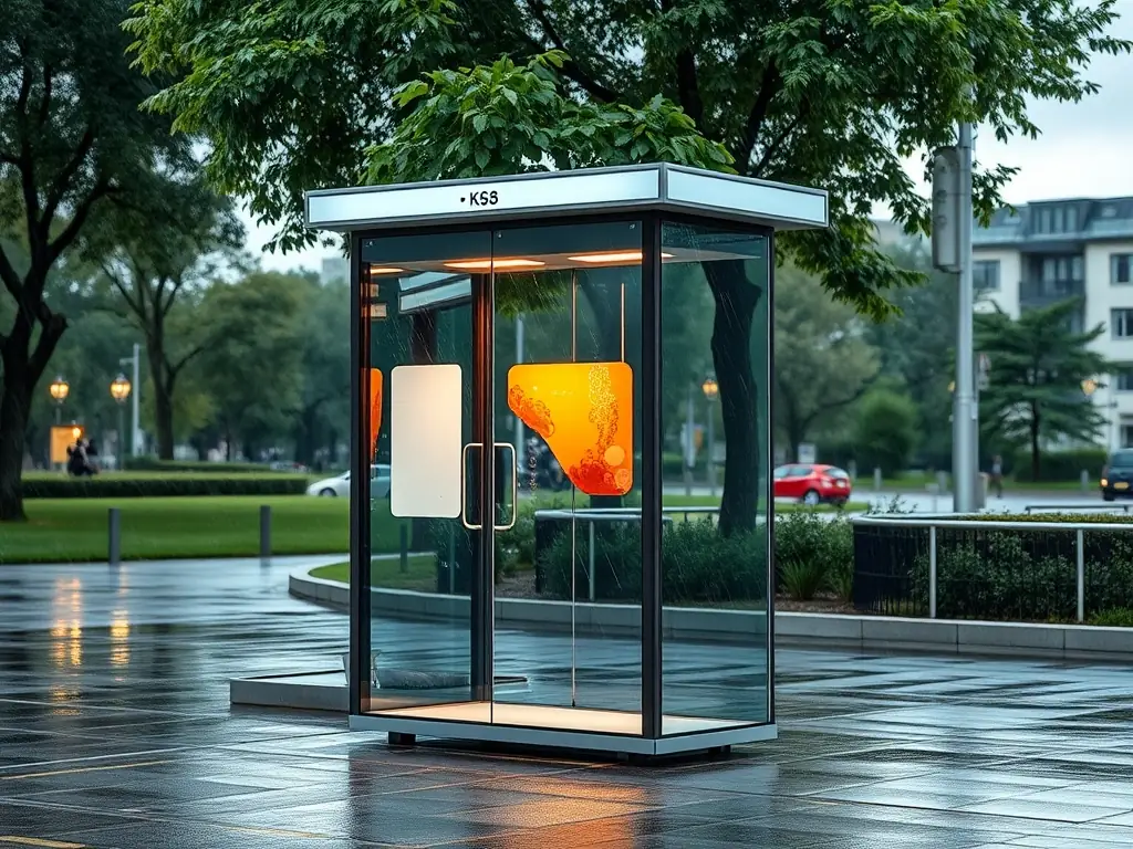 A light kiosk installed outdoors, demonstrating its weather-resistant construction and suitability for various environments. The image showcases the kiosk's durability and ability to withstand different weather conditions.
