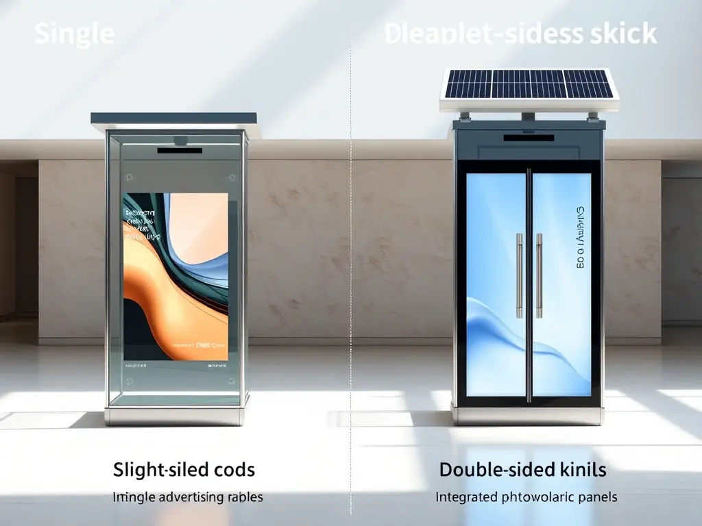 A side-by-side comparison image illustrating the difference between a single-sided and a double-sided Neona.pl light kiosk, emphasizing the increased visibility offered by the double-sided option.