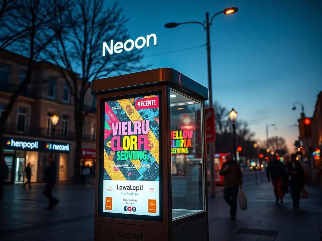 A Neona.pl light kiosk displaying a vibrant advertisement for a local event, positioned in a busy pedestrian area at dusk, highlighting its visibility and modern design.