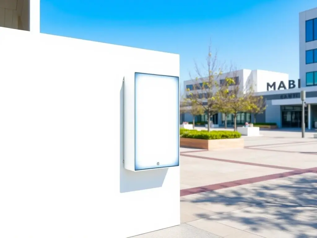 An image depicting a Neona.pl light kiosk mounted on a wall, demonstrating its versatility and space-saving design for indoor or outdoor applications.