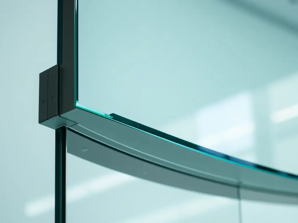 A close-up shot showcasing the seamless glass corner connection of a Neona.pl light kiosk, highlighting its minimalist design and the absence of visible frames or joints.