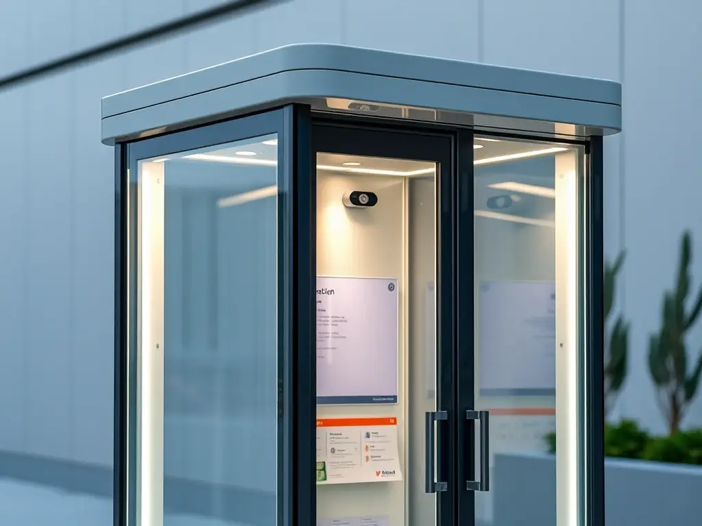 A light kiosk with motion sensor activated lighting, showcasing the programmable lighting options and the seamless integration of technology.