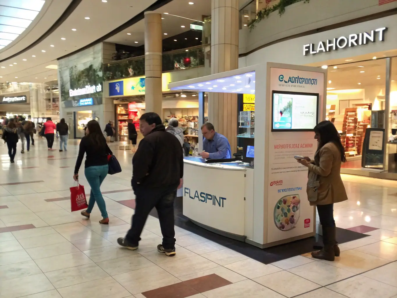 A Neona.pl light kiosk used as an interactive information display in a modern shopping mall, providing wayfinding and promotional content to shoppers.