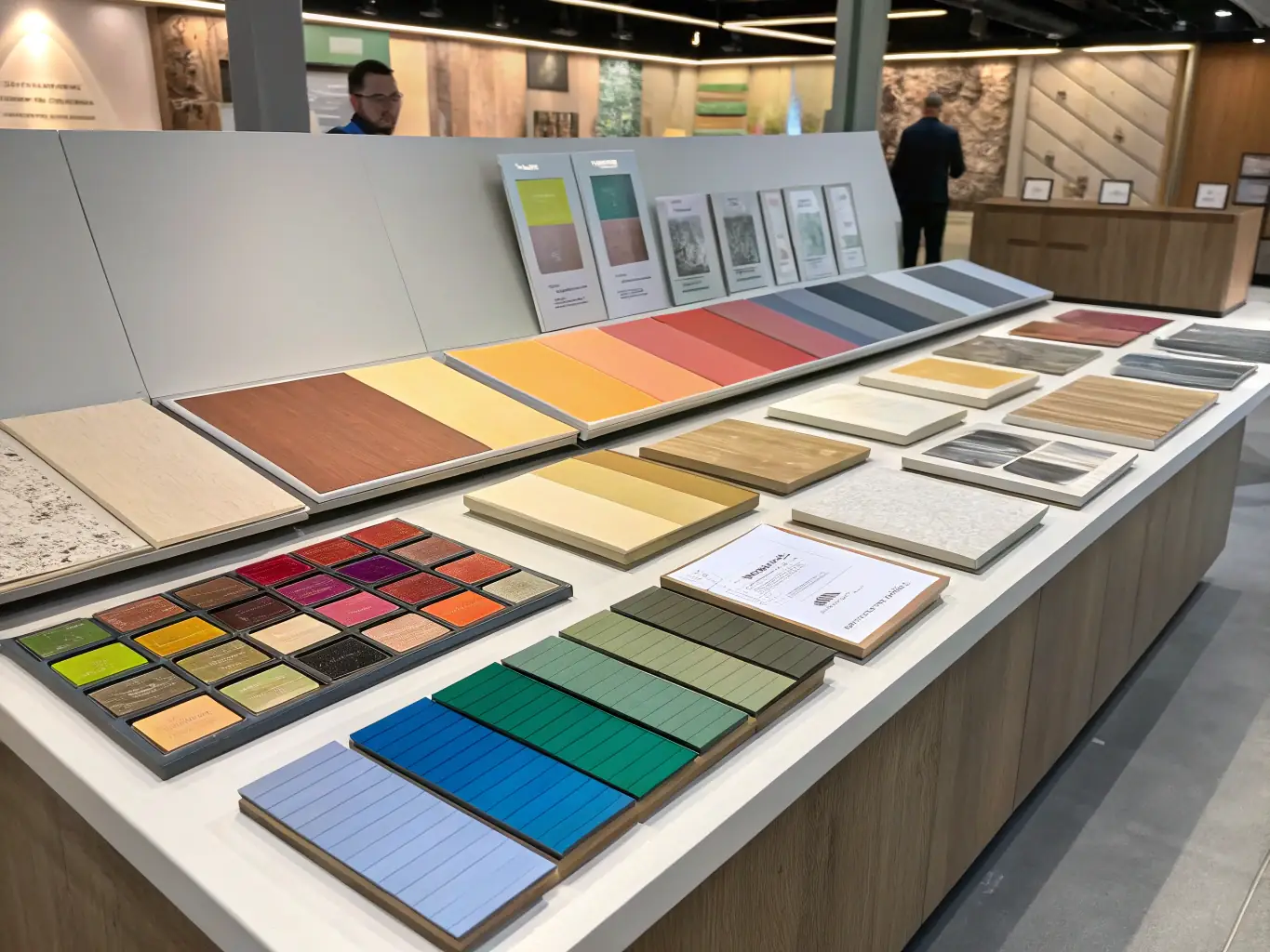 A close-up shot showcasing different material samples (glass, metal, wood) and color swatches available for the light kiosk frame, highlighting the variety of aesthetic choices.