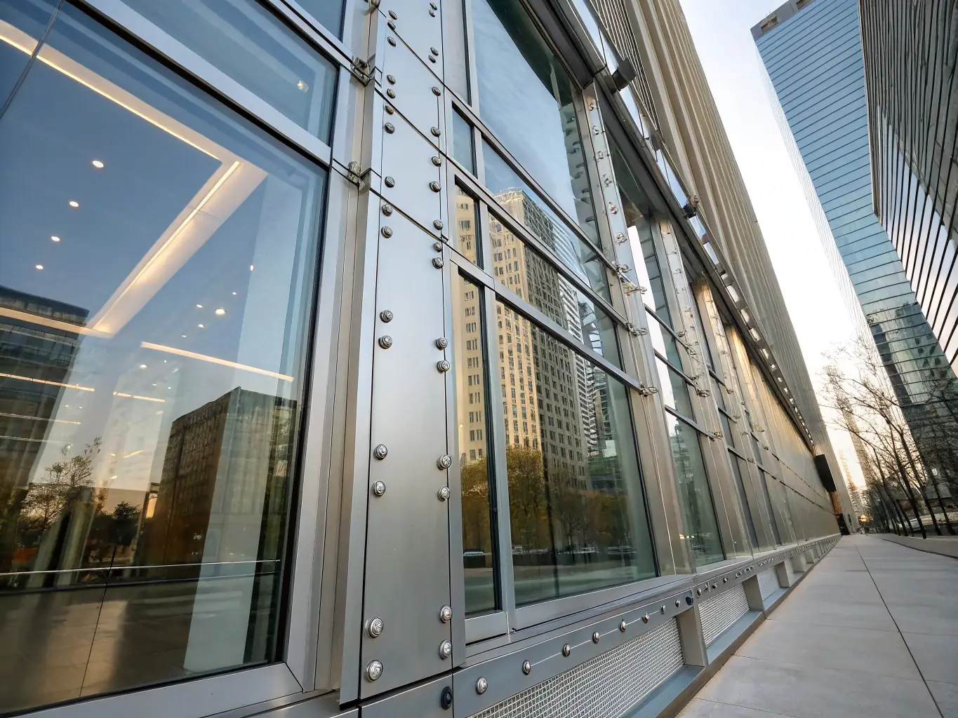 A close-up shot of the light kiosk's seamless glass corner connection, highlighting the minimalist design and precision engineering. The image emphasizes the kiosk's sleek aesthetic and attention to detail.